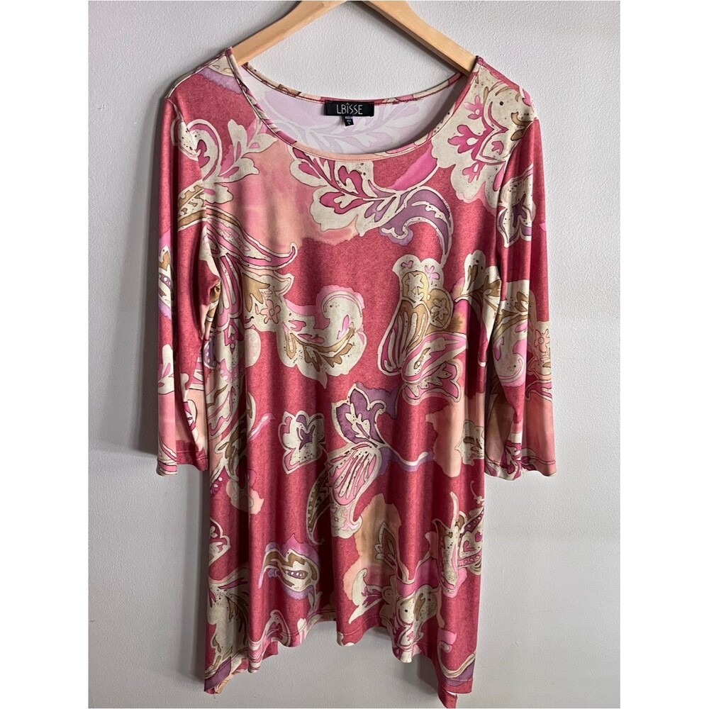 LBISSE Pink Floral Tunic Top 3/4 Sleeve Stretch Boho Casual USA L